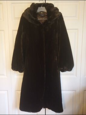 Jones New York Hooded Faux Fur Long Coat Dark Brown M